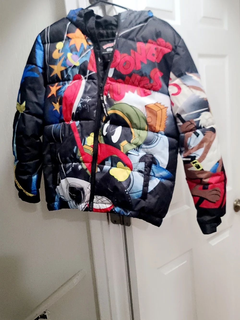 Black Kids Graphic Puffer Jacket with Cartoon Print